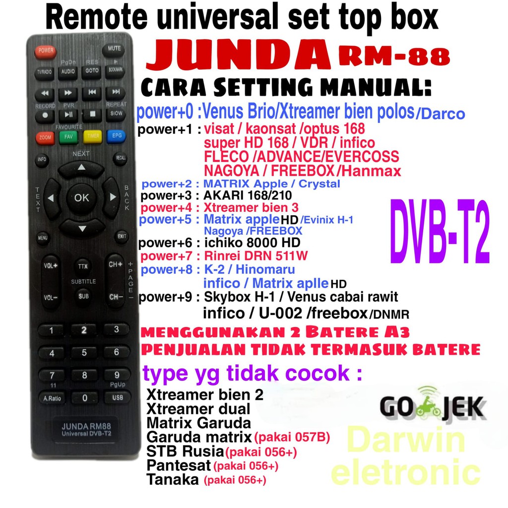 remote remot multi universal set top box junda rm88 dvb t2 stb