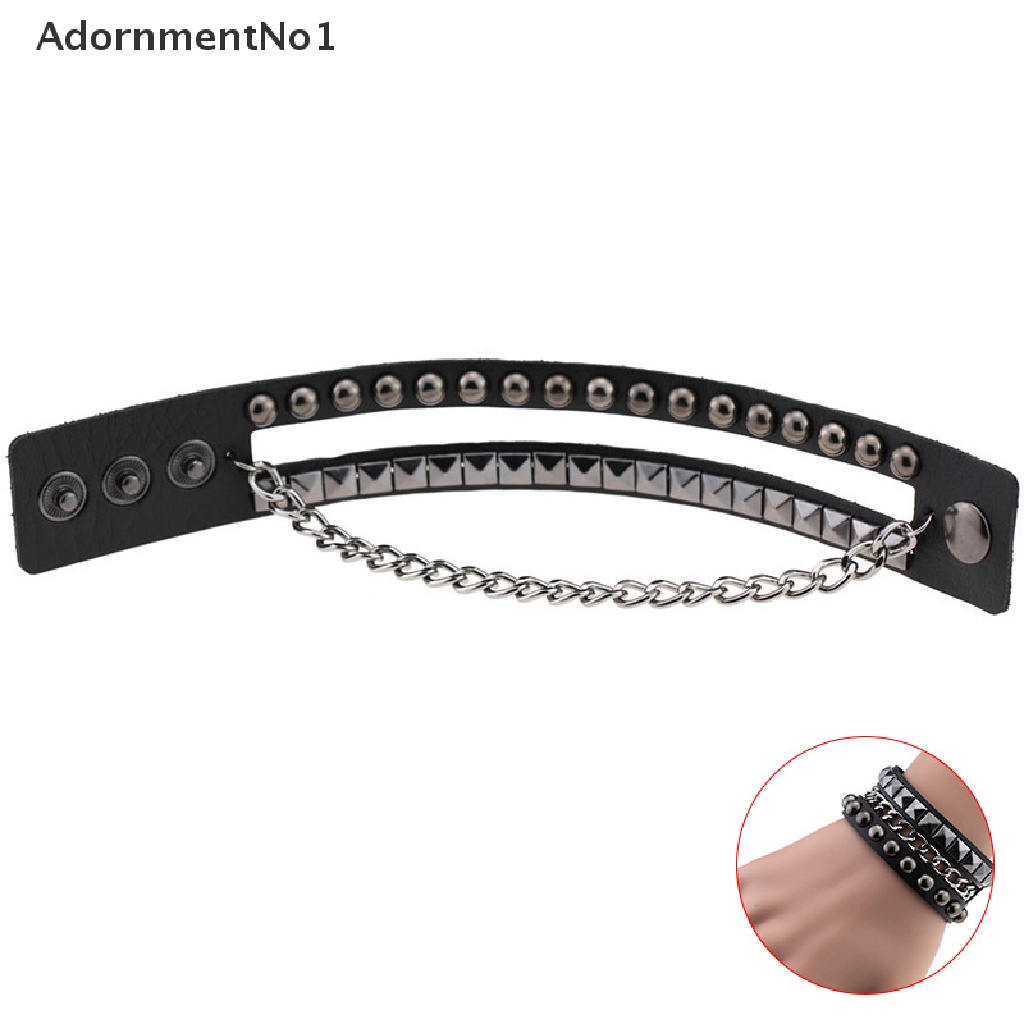 (AdornmentNo1) Gelang Tangan Kulit Lebar Banyak Lapis Aksen Rivet + Rantai Gaya Gothic Punk Untuk Wanita