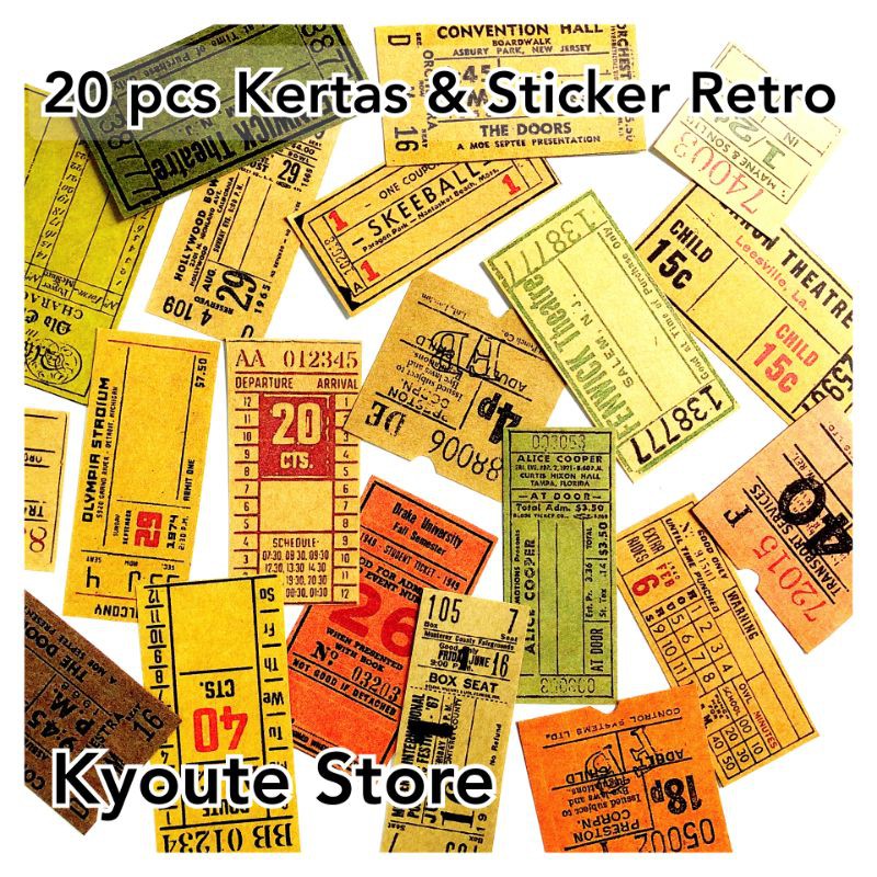 

20 pcs Kertas dan Sticker Dekorasi Retro Ticket Scrapbook Journal Bujo DIY Letter Decoration Paper