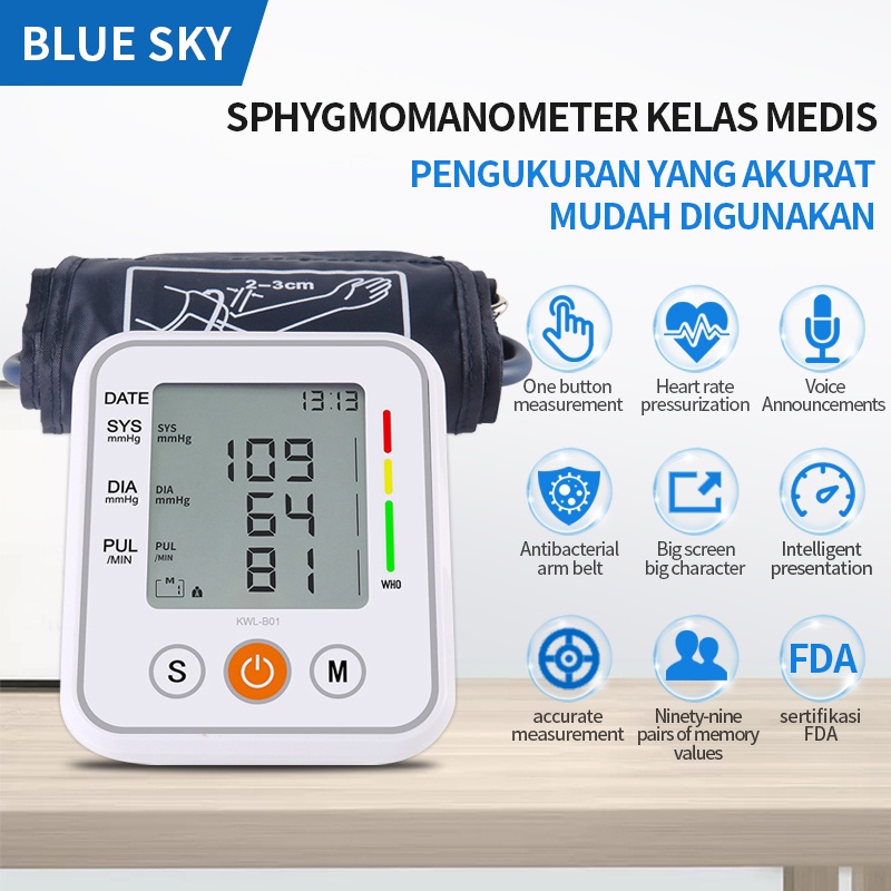 BLUE SKY Siaran suara Tensimeter Digital Alat Cek Pengukur Tekanan Tensi Darah Digital Tensimeter Sphygmomanometer bersertifikat FDA