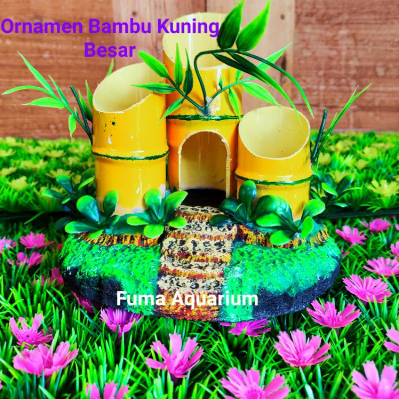 Ornamen Relief Hiasan Dekorasi Aquarium Aquascape model Bambu Besar Kuning Dan Hijau