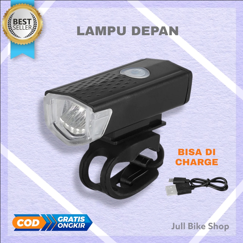 Lampu depan sepeda led rechargeable senter charge cas usb lipat mtb anak fixie terang plus strap