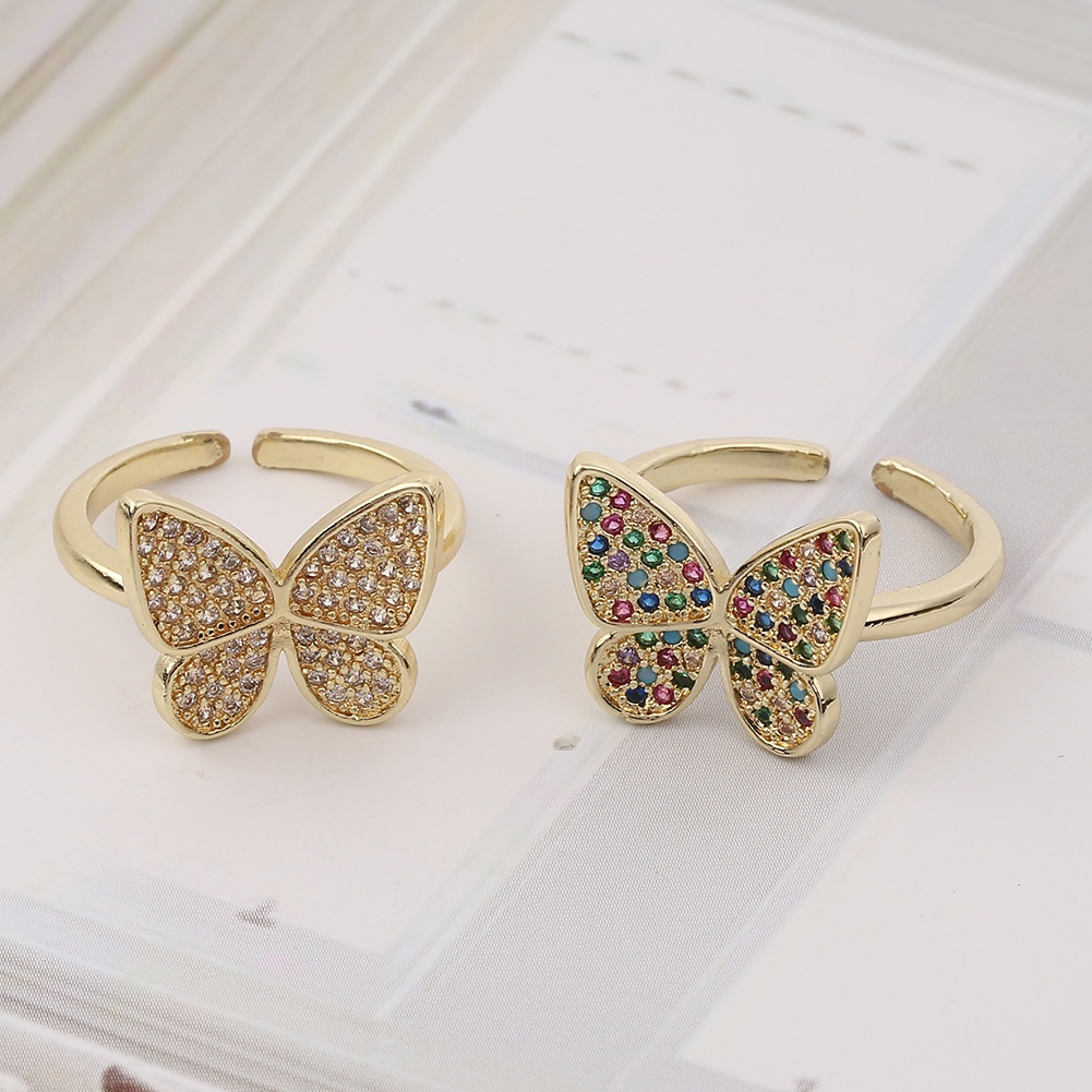 Ornamen tembaga mikro inlay terbuka kupu-kupu adjustable berlian cincin kreatif pribadi perhiasan