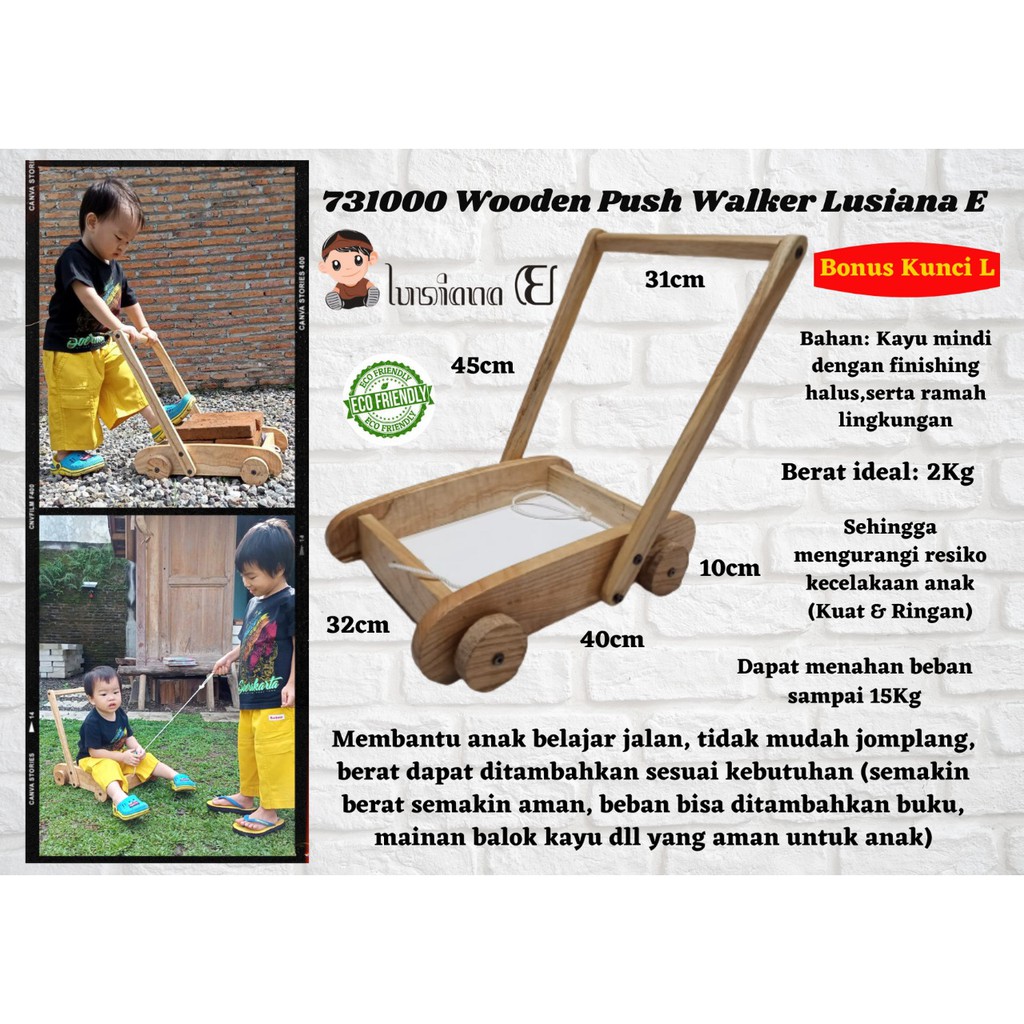 WOODEN PUSH WALKER / KERETA DORONG BAYI KAYU / BELAJAR JALAN BAYI + MAINAN BALOK KAY 731000/  731100