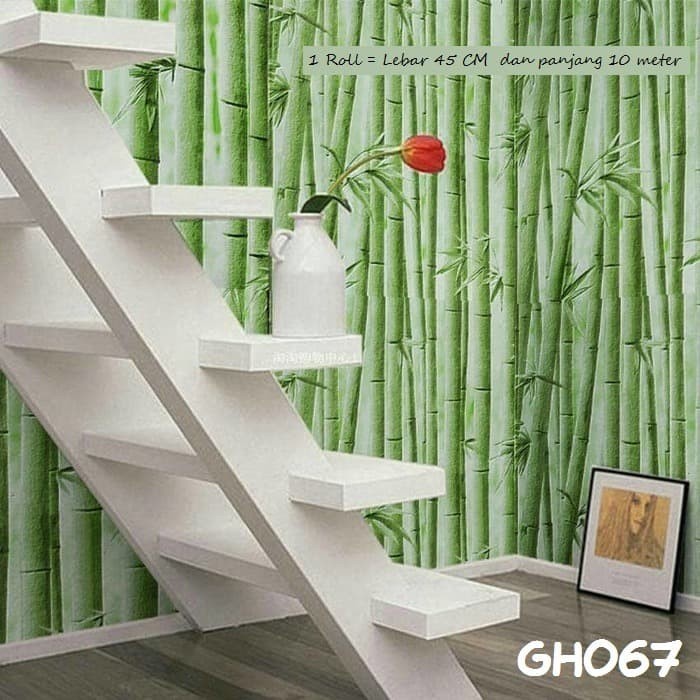 GH067 Wallpaper GREEN WHITE BAMBOO 10 m X 45cm Walpaper Stiker Dinding