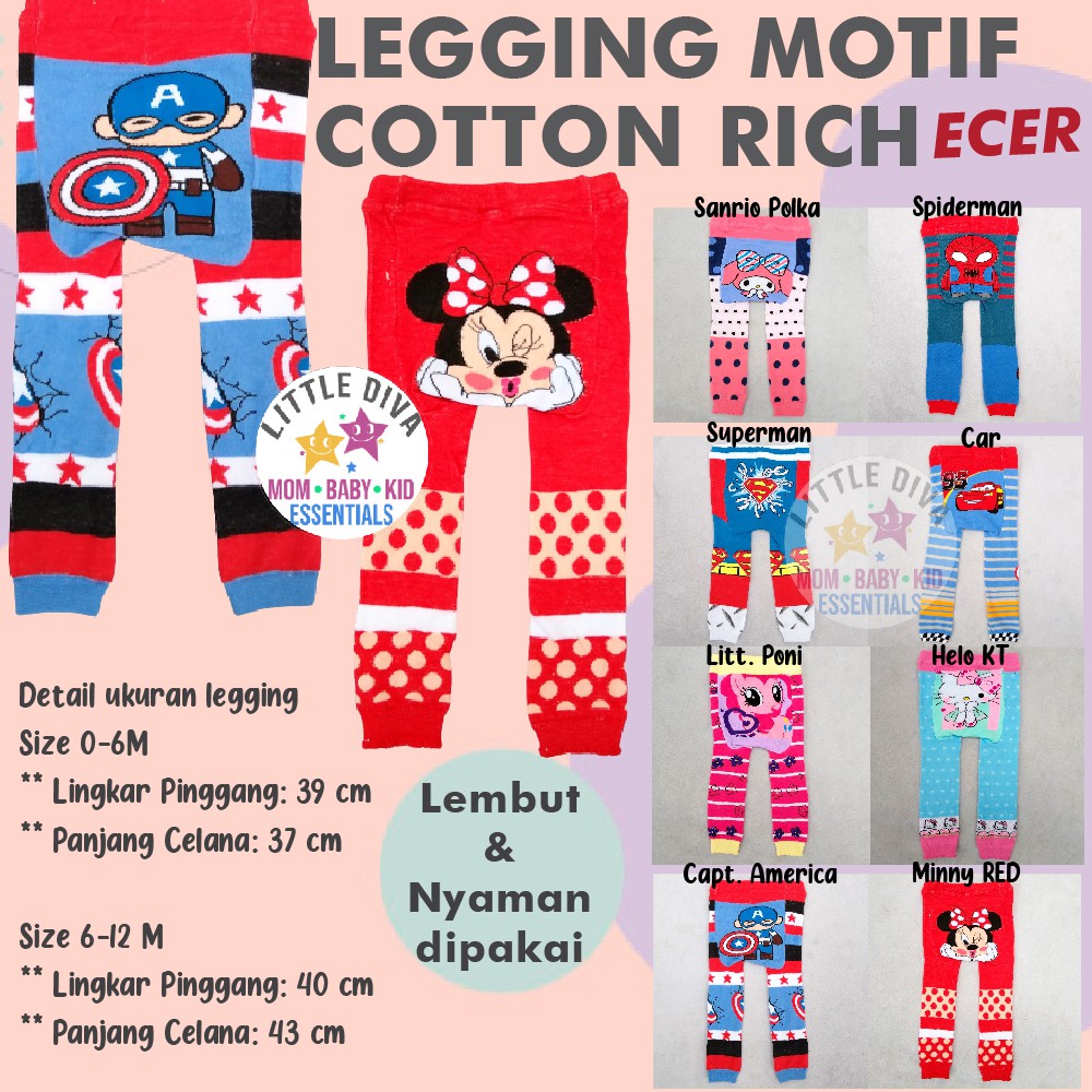 LEGGING BOY &amp; GIRL  0-6 &amp; 6-12 m MOTIF Cotton Rich Legging celana leging cowok cewek bayi baby karakter