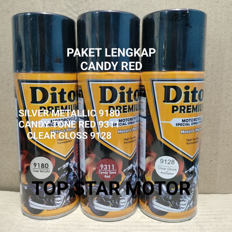 Pilok Paket Lengkap Cat Diton Premium Silver Metallic 9180 Candy Tone Red 9311 Clear Gloss 9128 400cc.. Pilok Paketan Candy Tone Red Cat Semprot Diton Premium 400cc