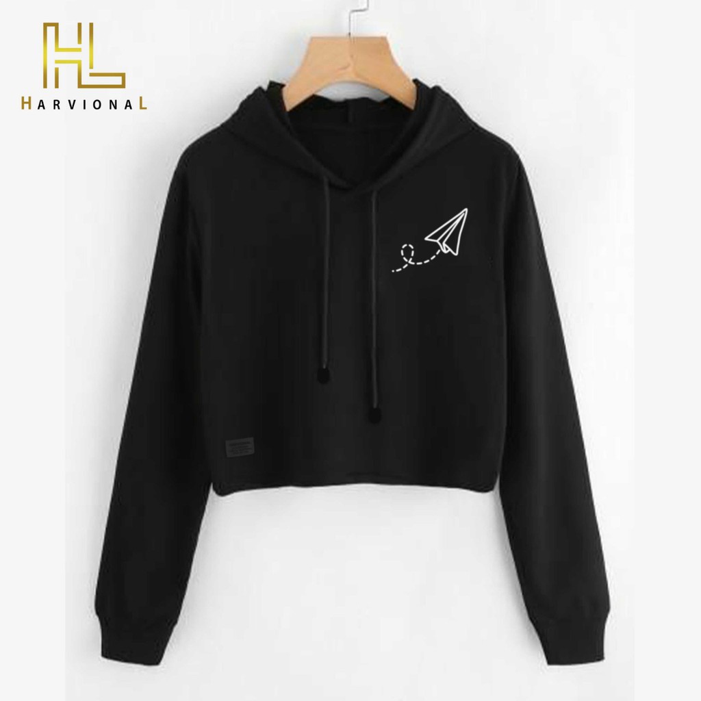 SWEATER CROP HOODIE PESAWAT KERTAS  BAHAN POLOS TERLARIS