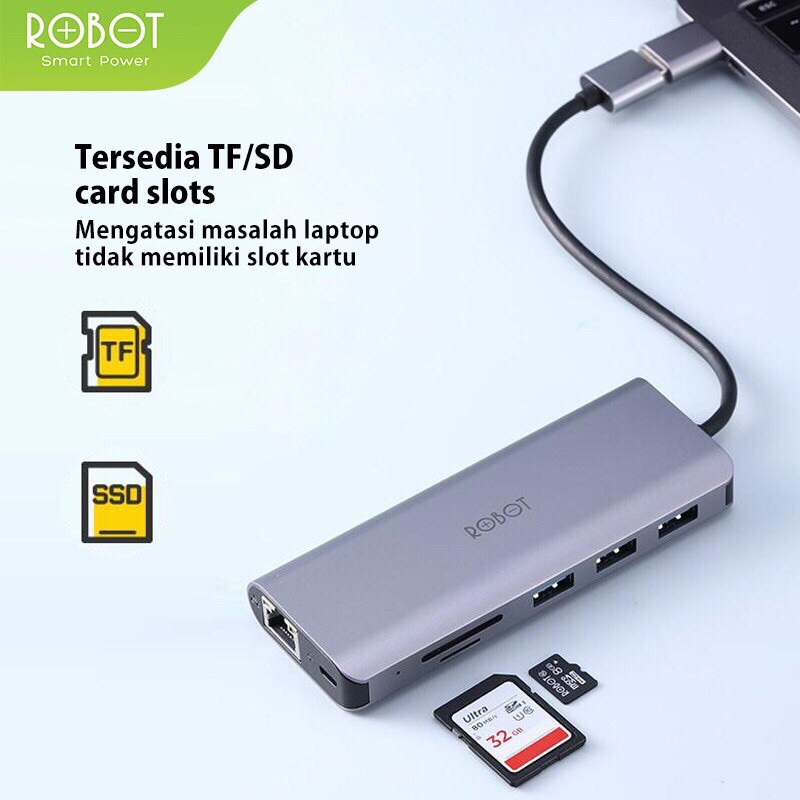 ROBOT - HT370 Multiport 7 in1 USB Type C HUB Adapter Lightweight &amp; Portable Space grey-Garansi 1 Thn