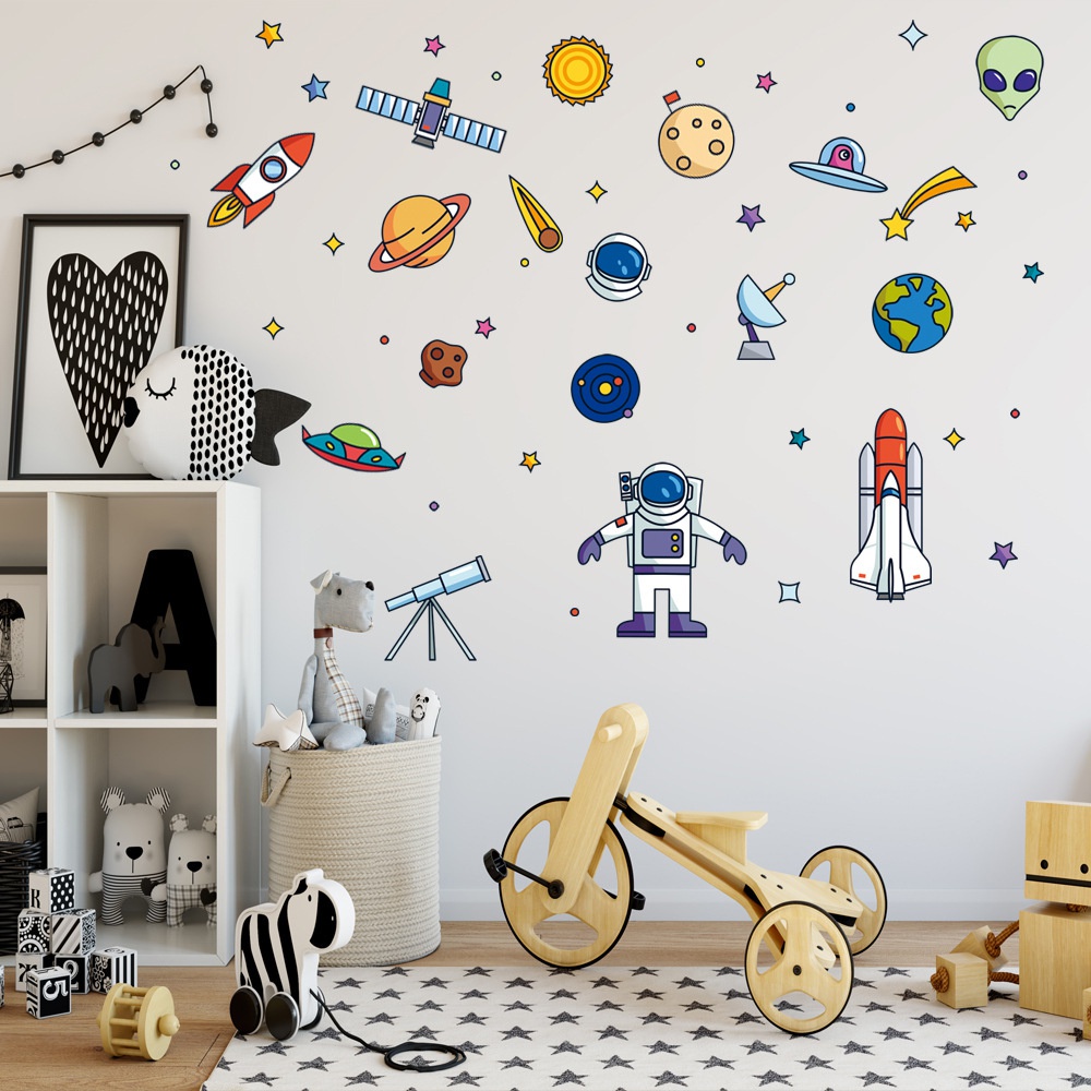 Wallpaper Desain Kartun Space Rocket Alien Untuk Kamar Anak