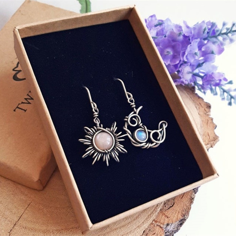 SIY  Antiqued Silver Sun and Moon Hook Earrings Bohemia Celestial Moonstone Dangle Drop Earrings Women Boho Fashion Jewelry