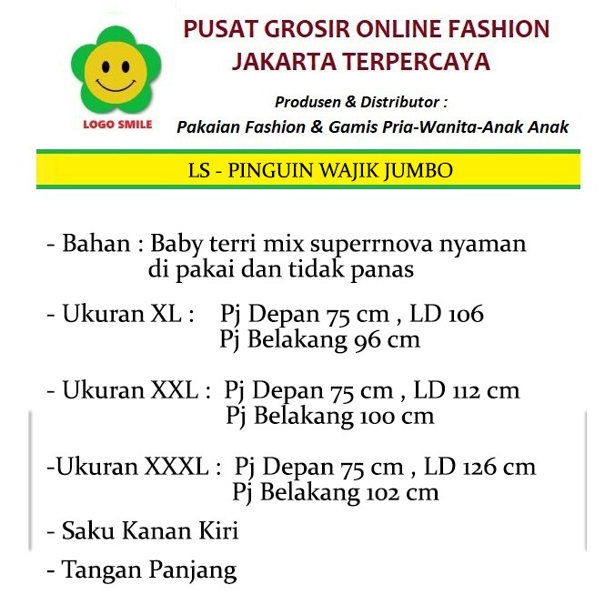 Jumbo Pinguin Wajik - Logo Smile (LS) - Ukuran XL-3XL - Matt Baby Terri Mix Katun Supernova