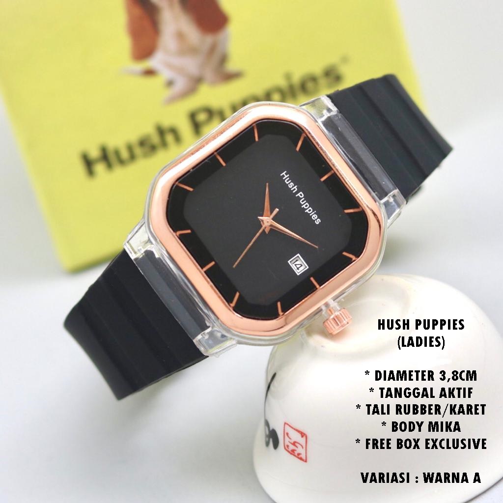 (FREE BOX) JAM TANGAN WANITA HUSH PUPPIES TALI RUBBER BODY SEGI TANGGAL AKTIF