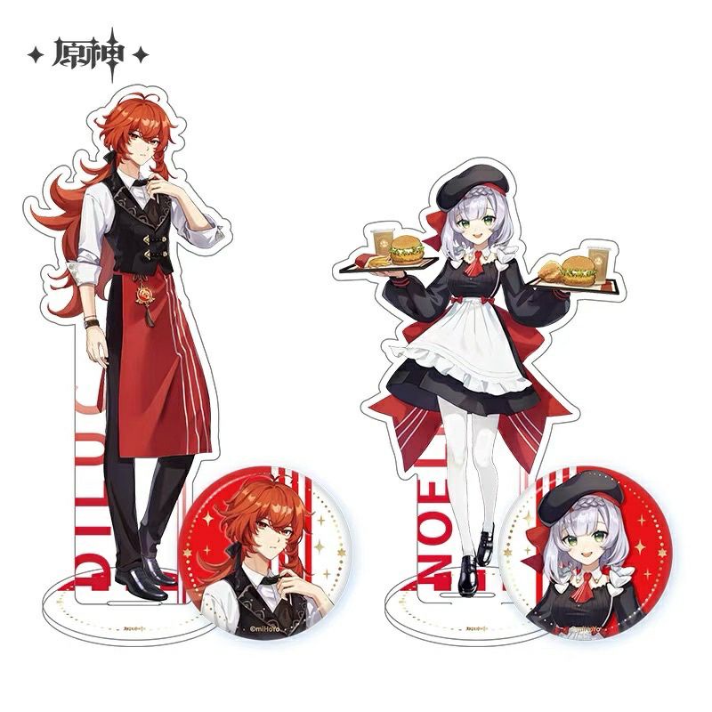 genshin impact diluc noelle badge pin and figure stand akrilik merch