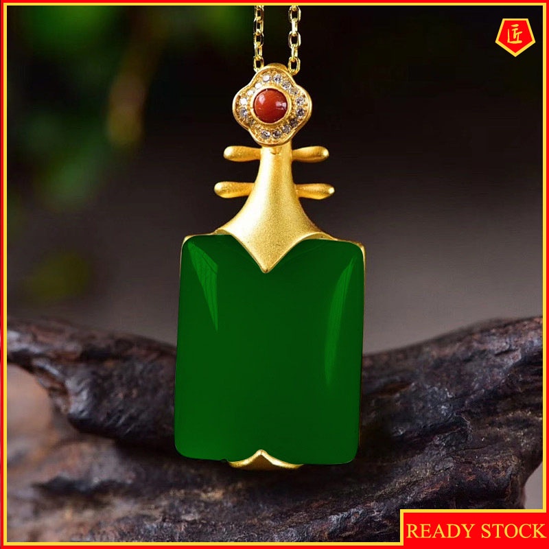 [Ready Stock]Elegant Hetian Jade Necklace Female 925 Silver Pipa-Shaped