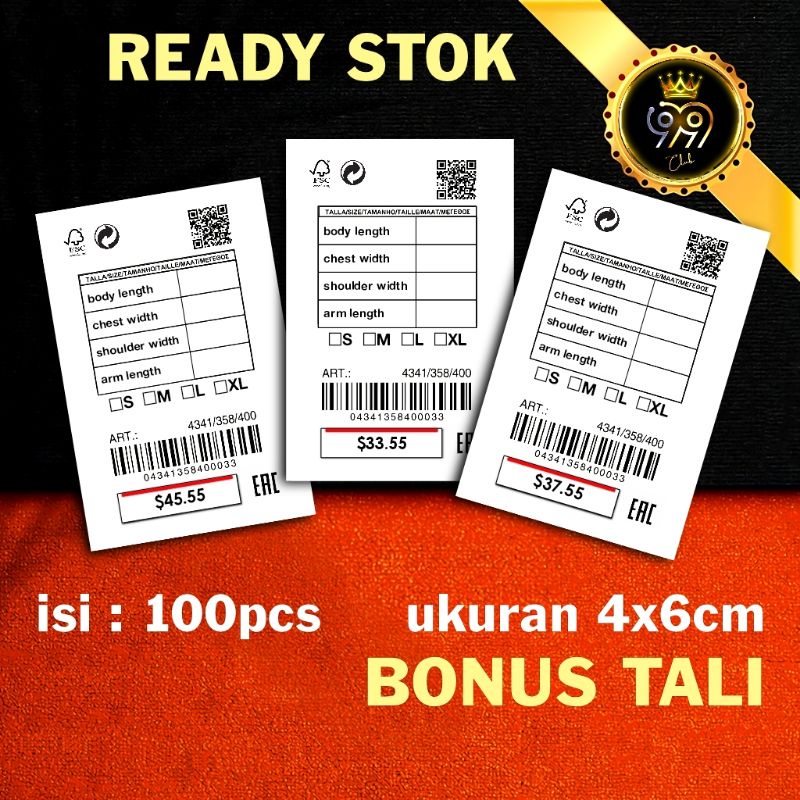 

hantag bonus tali , 4x6 label baju hantag dolar body