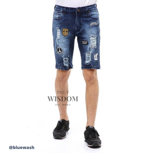 Wisdom / Short Pants Ripped  Skinny Jeans Celana Pendek Pria Sticker Motive Material Denim Softjeans Stretch ORIGINAL - Blue wash