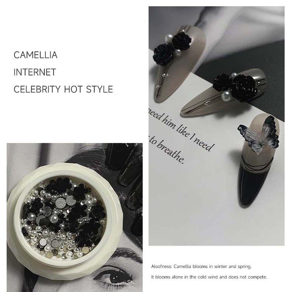 MXBEAUTY Camelia Dekorasi Kuku Fashion Hitam Manikur Aksesoris Mutiara Imitasi Hiasan Kuku Mutiara Butterfly Nail Drills