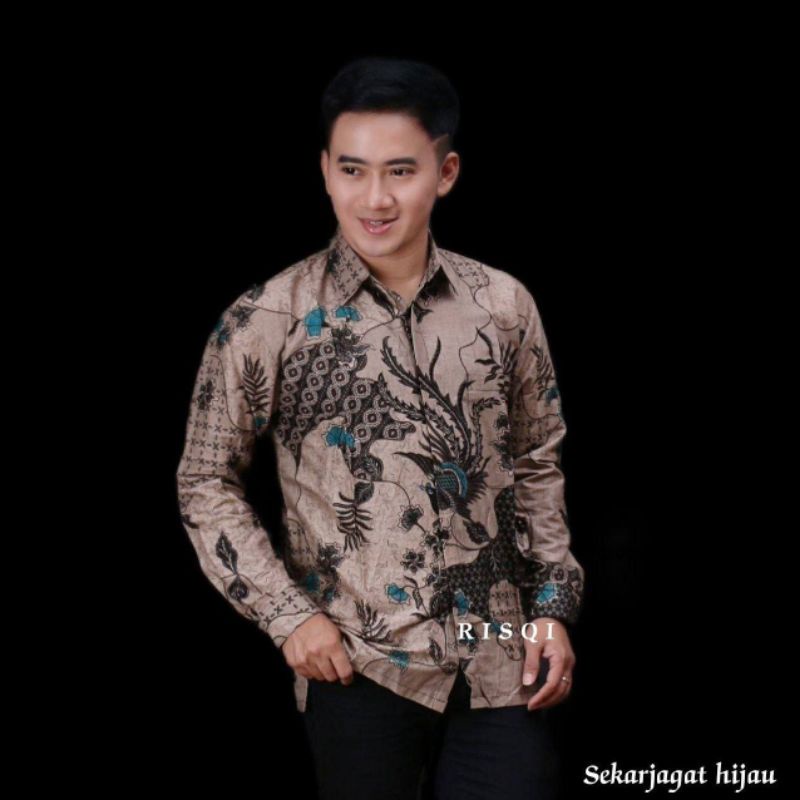 Kemeja Batik Cowok Lengan Panjang Ungu Abu Hitam Coklat Biru Merah Ukuran M L XL XXL/ Baju Batik Cowok