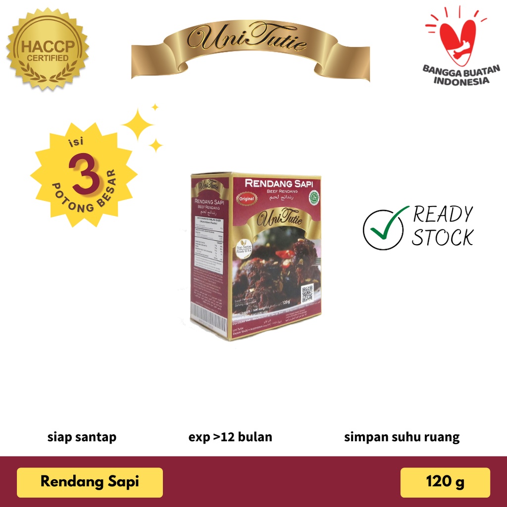 

UniTutie Daging Rendang Sapi 120g Lauk Pauk Siap Saji Makanan Instan Tahan Lama Rendang Kemasan