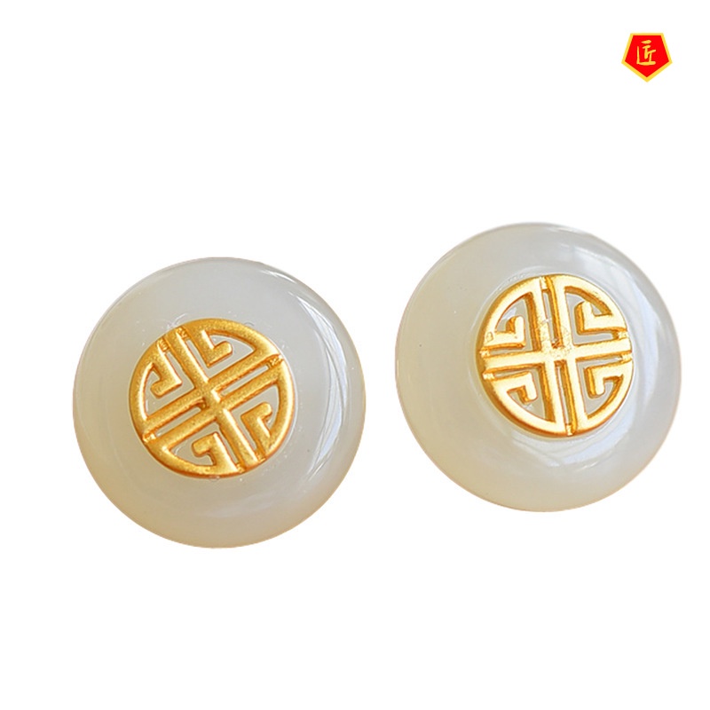 [Ready Stock]Temperament S925 Silver Inlaid White Jade Stud Earrings