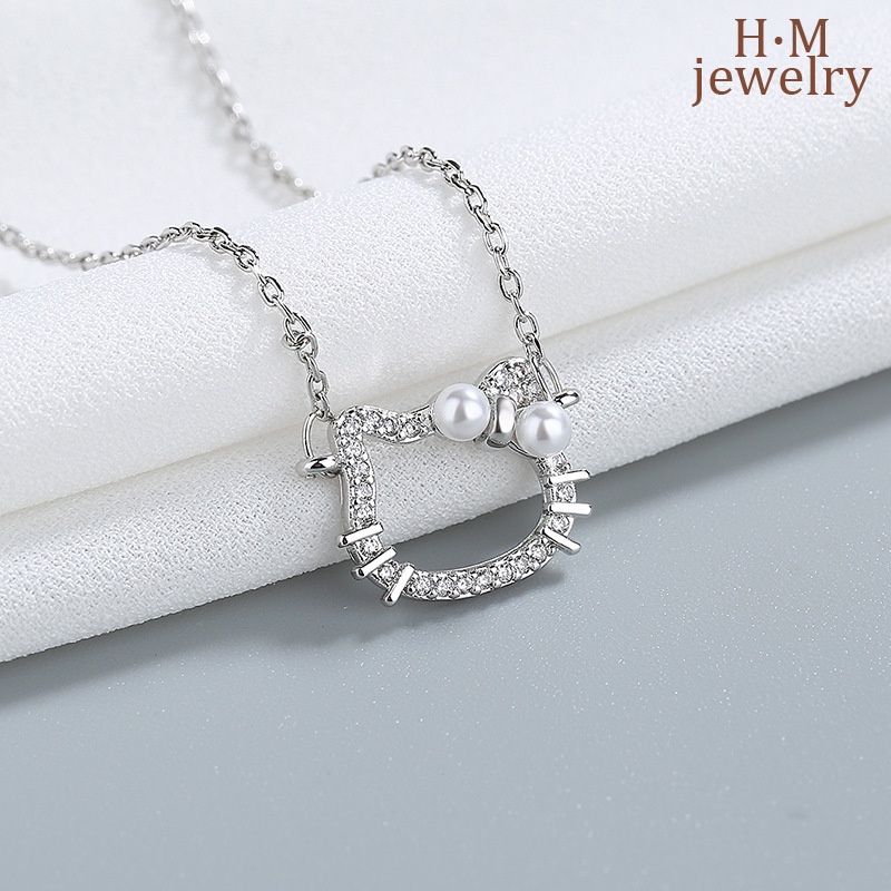 Liontin Kalung Bentuk Kepala Kucing Lucu Elegan Dengan Mutiara