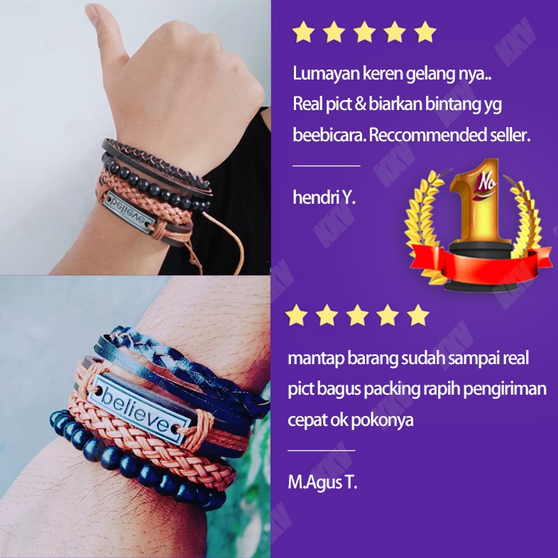 believe Gelang Pria 4-Piece Set Kulit Sapi Paduan Tali Dikepang Manik-Manik Disesuaikan Gelang Hadiah