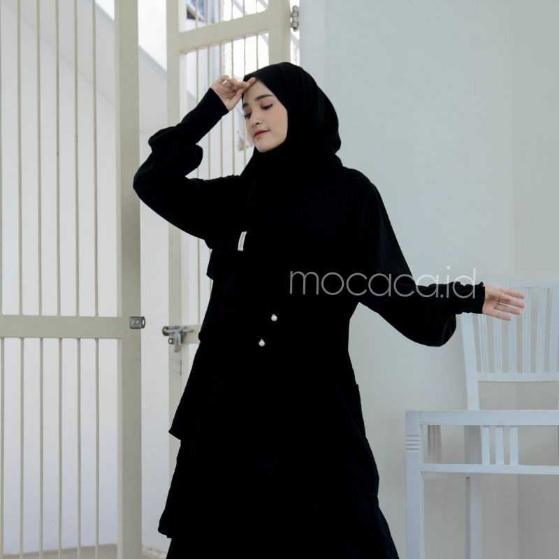 gamis susun hitam jetblack jet black pekat premium tidak nerawang bisa syari  sudah 1 set dengan pashmina jumbo busui friendly kancing lengan lebar limited edition