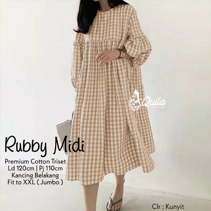 Rubby midi jumbo | dress midi bigsize LD 120 motif kotak | dress midi lengan balon