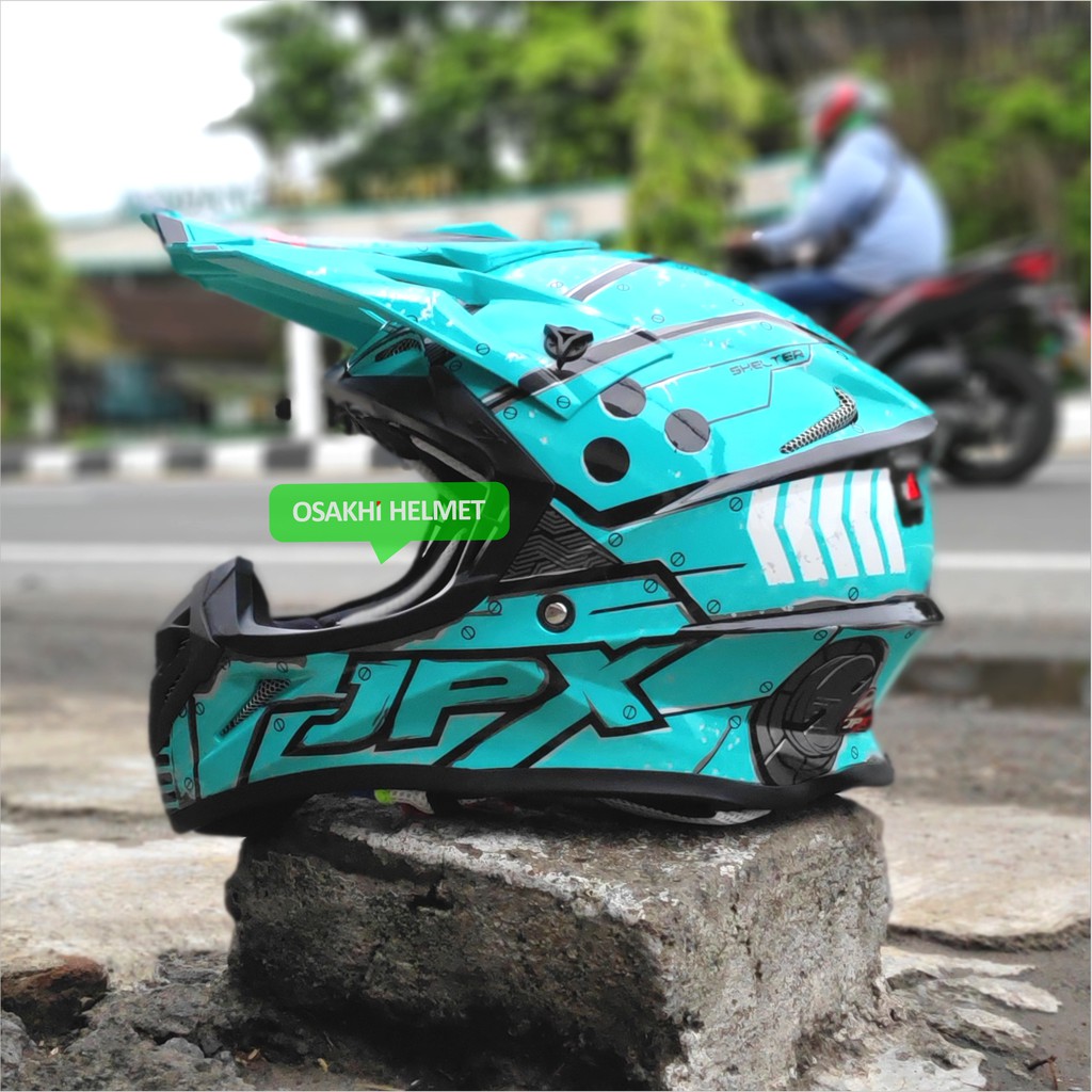 Fox 1 JPX X20 TOSCA BIRU MUDA Motif Helm Cross Trail Supermoto Ringan Nyaman
