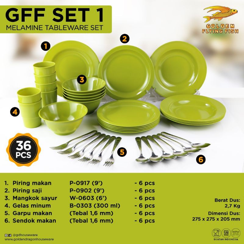 GFF Golden Flying fish set 36 pcs Melamin golden dragon mangkok piring