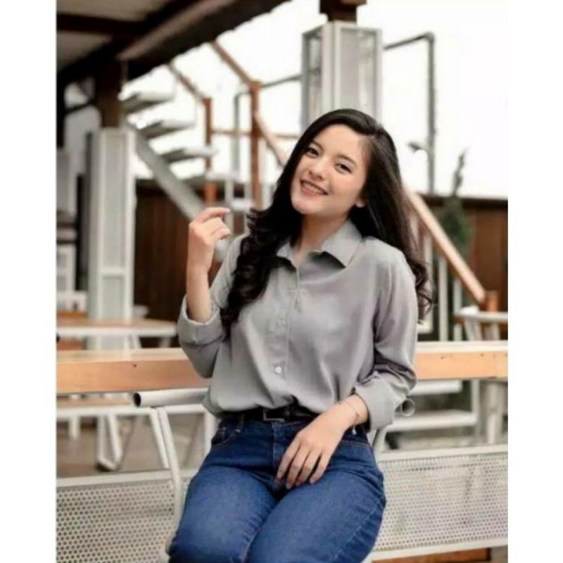 Baju Kemeja Wanita Kerja Kantor Lengan Panjang Murah Polos Casual Korea Putih Harian Jumbo Hitam rh1-Abu