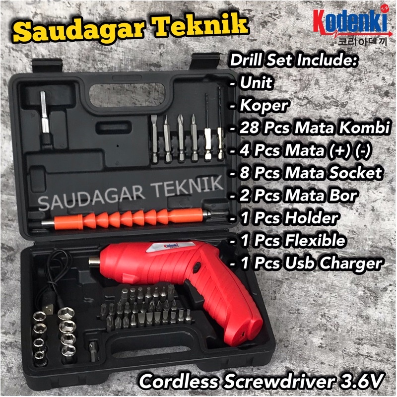 Cordless Screwdriver Kodenki Mesin Bor Obeng Baterai Batre Cas