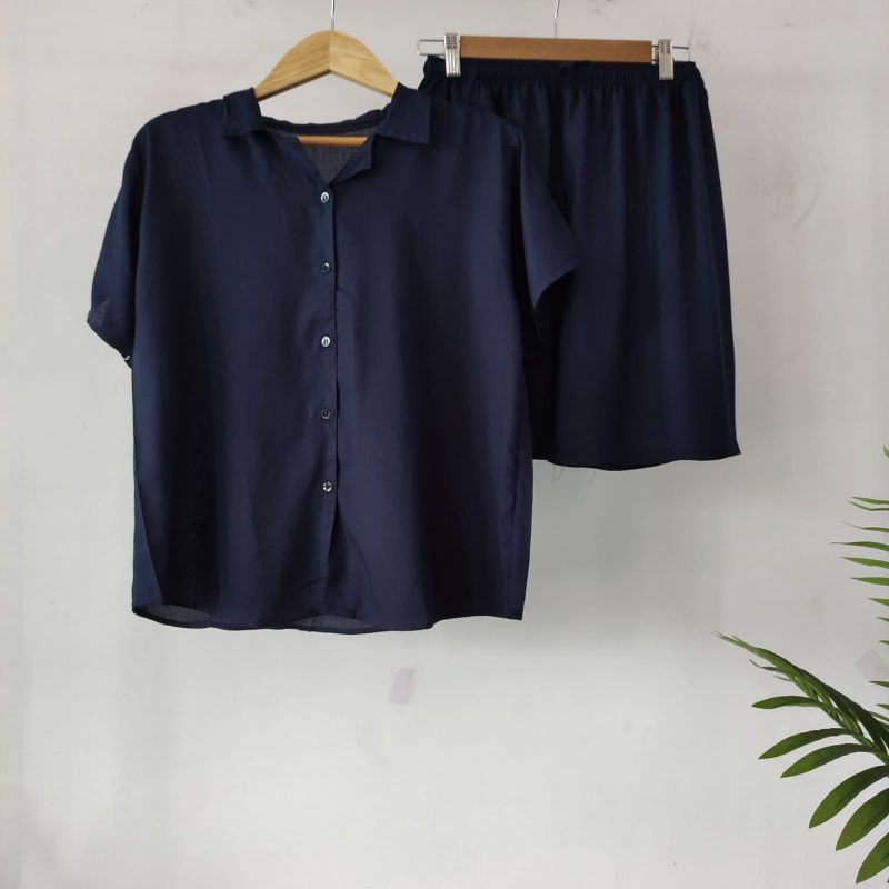 PIYAMA KANCING PENDEK | PIYAMA RAYON | BAJU TIDUR RAYON-KCB NAVY