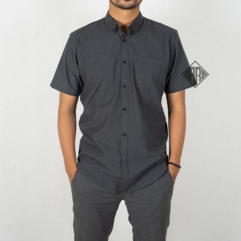 Oars.ID kemeja abu tua darkgrey polos lengan panjang dan lengan pendek pria - kemeja pria abu tua jumbo casual