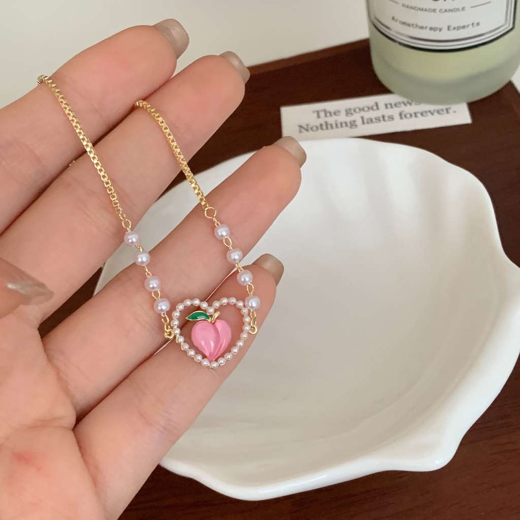 Kalung Rantai Choker Liontin Hati Aksen Mutiara Warna Pink Untuk Wanita