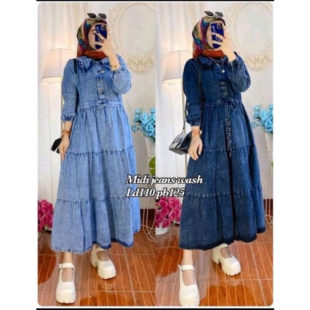 HijabKiara - DRESS TALI Midi Jeans | Dress Jeans Ld 110 Pb 125 | Dress Jeans Busui
