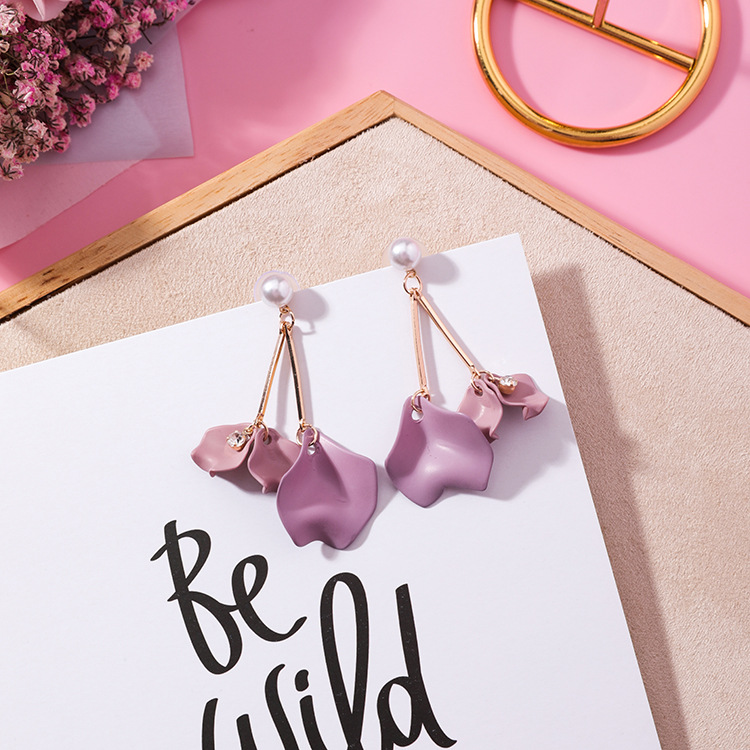 Anting Wanita Anting Bunga Dusty Pink Rumbai Mutiara Permata Aksesoris Fashion Earrings