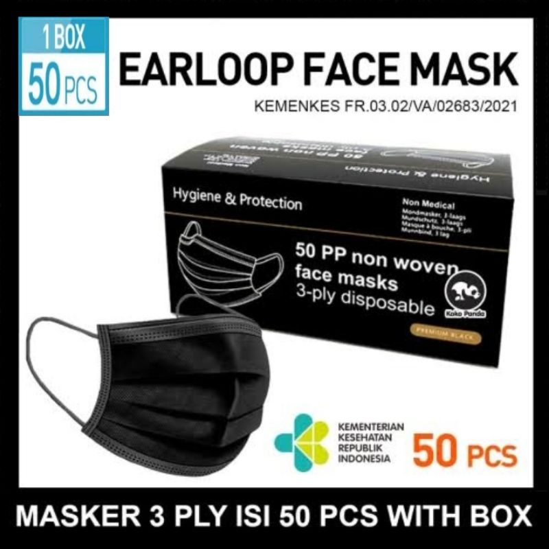 MASKER MEDIS HITAM / MASKER EARLOP 3PLY  (ISI 50 PCS) + BOX