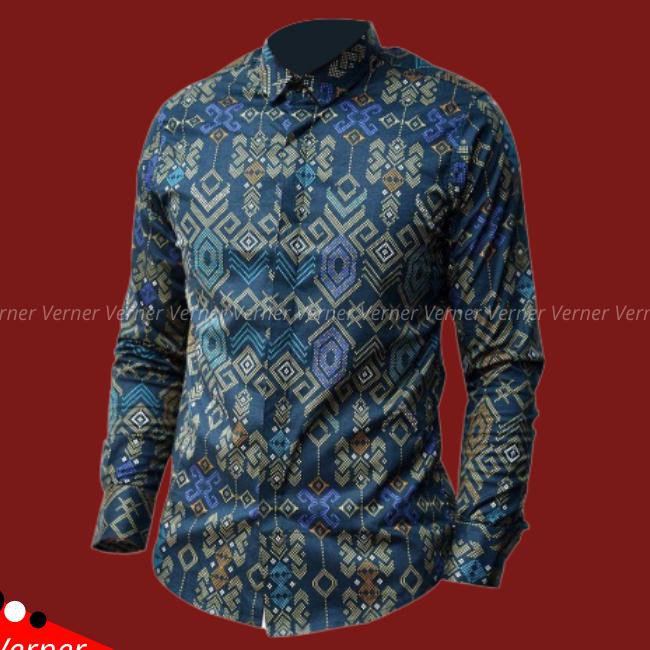 Chrs Batik Pria Lengan Panjang 3633 - Baju Batik Kerja 3633 - Hijau Tosca, L 3Ow5