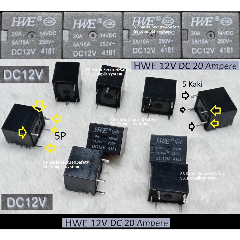 HWE Relay DC 12V 20A 5P dc12v 5 Kaki 12 V Volt rilai 20 Ampere 12volt 5pin 12a 15a pin rilay 12vdc