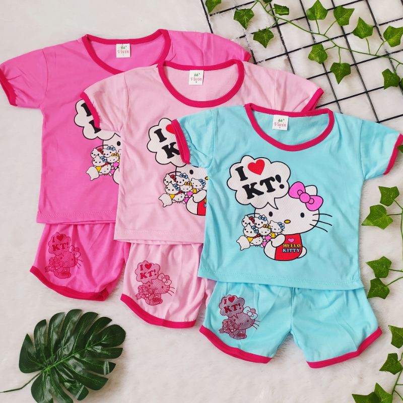 Setelan Lengan Pendek Babydoll Anak Cewek  Usia 1-3Tahun Hellokitty