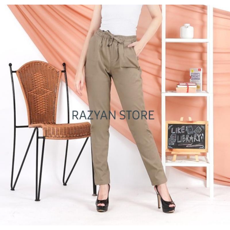CHINO PANTS WANITA PINGGANG KARET - CELANA KATUN WANITA - CELANA CINOS PINGGANG KARET