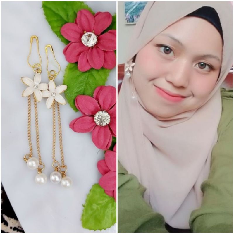 A142 Anting hijab juntai bunga pearl gold