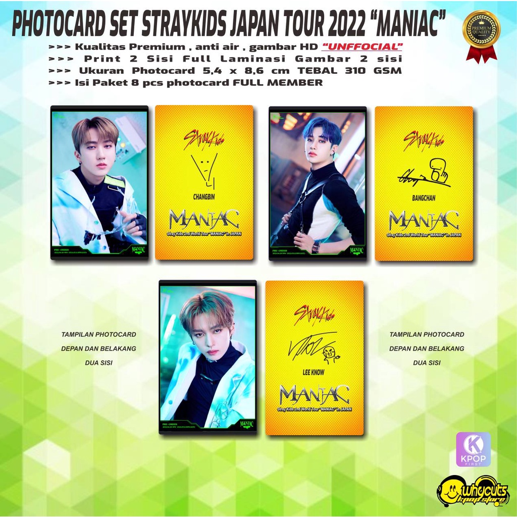 PHOTOCARD SET PC KPOP PREMIUM STRAYKIDS JAPAN TOUR MANIAC / PRINT 2 SISI FULL LAMINASI GLOSSY / ANTI AIR / ART CARTON 310GSM