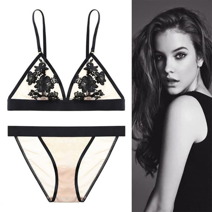 PAKAIAN DALAM bra set bra tanpa kawat lingerie celana g string Sexy Bikini B030  Hitam 32 MURAH