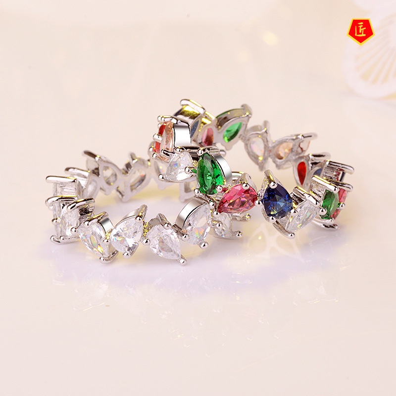 [Ready Stock]Women's Full Diamond Exquisite Luxury Colored Gems Ring