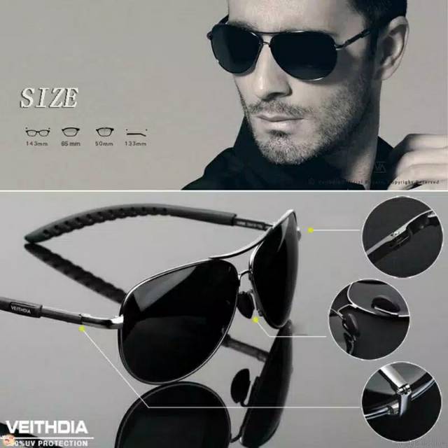 Original Kacamata VEITHDIA Polarized sunglass Frame Metal Lens Black 1 SET V3088