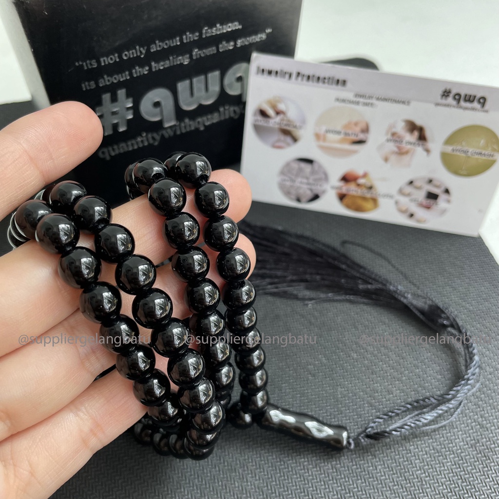 tasbih batu BLACK ONYX 99 butir premium tasbeh HITAM kilap alam akik aksesoris muslim pria wanita