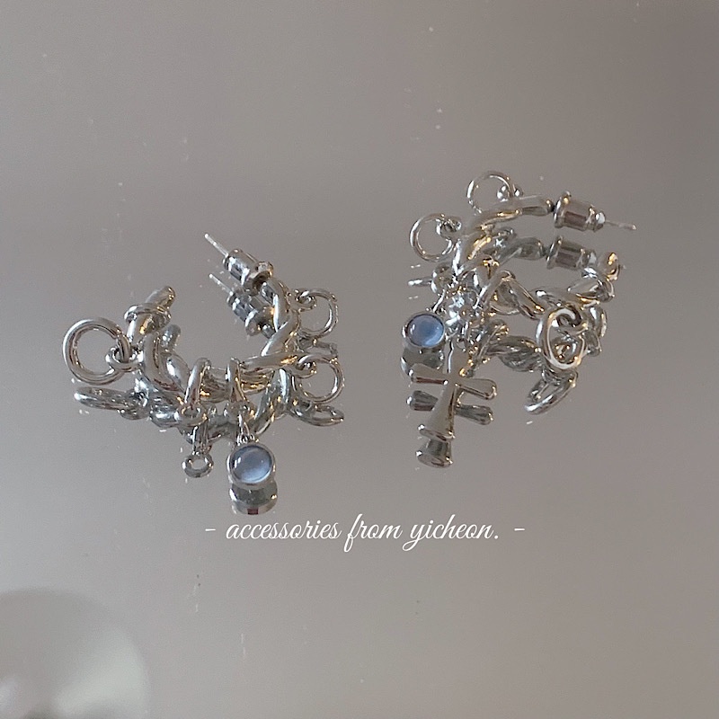 Anting Tusuk Gantung Bahan metal Warna silver Desain Salib Hias Opal Untuk Wanita